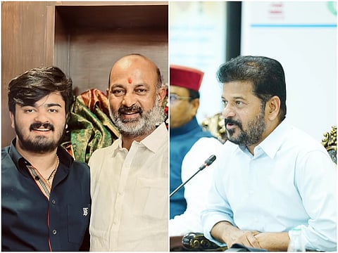 The image is a side-by-side comparison of two photographs featuring prominent political figures from Telangana, India.
Left side: A photo of Bandi Bhageerath (left), wearing a dark blue shirt, standing next to his father, Bandi Sanjay Kumar (right), a leader of the Bharatiya Janata Party (BJP). Bandi Sanjay is wearing a white shirt and has a traditional red tilak on his forehead.
Right side: A photo of Anumula Revanth Reddy, the Chief Minister of Telangana and a leader of the Indian National Congress. He is shown from the chest up, wearing a light-colored button-down shirt, sitting at a table with a microphone, appearing to be in a formal meeting or press conference.