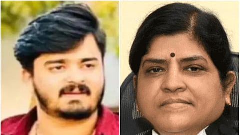 Two side-by-side headshots. On the left, a young man with dark, side-swept hair and a mustache wears a maroon shirt. On the right, a woman in formal judicial robes and a white neckband looks forward. Both are centered against neutral backgrounds.