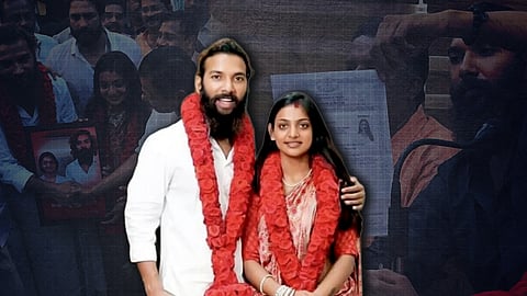 Composite image of Monalisa Bhosle and Farman Khan wearing red flower garlands after their wedding ceremony. The couple stands in the foreground, while faded background visuals show crowds, cameras, and documents, reflecting the public and political controversy surrounding their marriage.