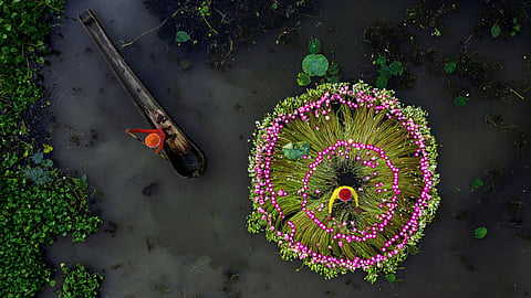 Aerial view of a boat and people collecting water lilies in West Bengal