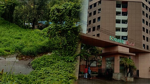 A composite image showing a waterlogged, vegetation-covered area beside the Kent Mahal apartment complex. On the left, stagnant water is seen pooling amid dense grass and overgrown plants in a low-lying plot. On the right, the multi-storey Kent Mahal residential building stands adjacent to the affected area, illustrating residents’ concerns about alleged wastewater discharge and its impact on the surrounding environment.