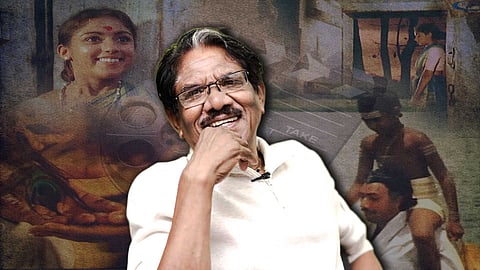 A collage featuring filmmaker Bharathiraja smiling in the foreground, with faded stills from his films in the background showing characters in moments of reflection and emotion.