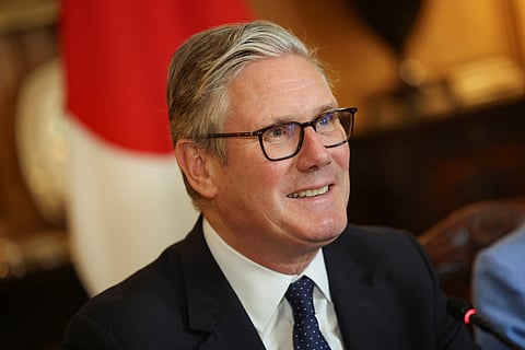 Britain's Prime Minister Keir Starmer and Japan's Prime Minister Sanae Takaichi, not pictured, attend a business roundtable meeting in Downing Street in London, Sunday, June 14, 2026.
