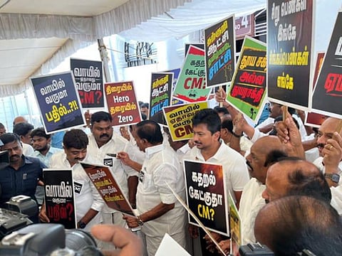 DMK protests at first Assembly session under TVK govt