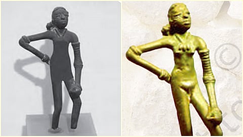 A side-by-side comparison of two images of the Indus Valley Dancing Girl figurine. The left image shows the textbook depiction with the torso covered, while the right image shows the original ancient bronze sculpture of a young figure standing with one hand on the hip and wearing bangles.