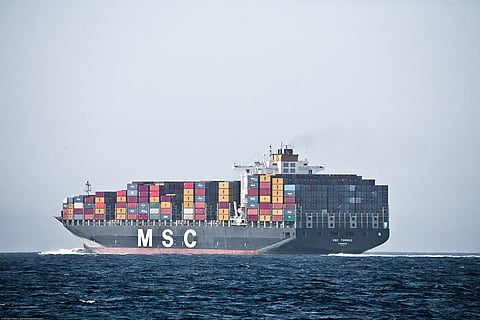 Massive Container Freighter Ship MSC TOMOKO PANAMA Mediterranean Shipping Company S.A. in the Santa Barbara Channel.