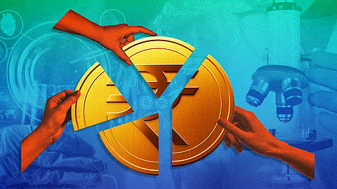 Illustration of a large Indian rupee coin broken into four pieces by blue cracks, with four hands holding the pieces against a background of laboratory equipment including a microscope, symbolising fragmented or contested public funding for scientific research.