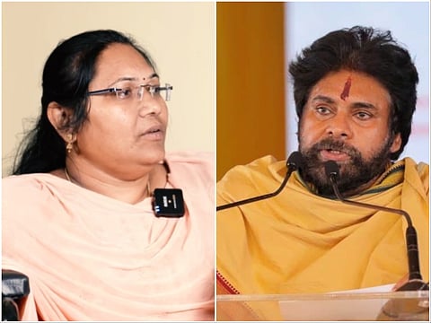 A split image featuring Parvathi Naik with glasses in a peach outfit on the left, and a bearded Pawan Kalyan with a tilak speaking at a podium on the right.