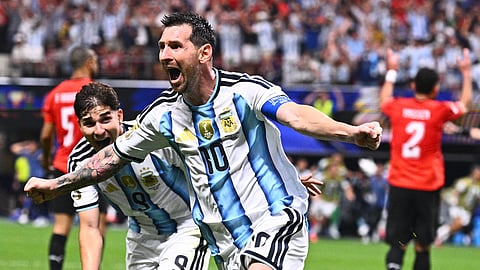 Argentina's Lionel Messi (10) celebrates scoring their second goal during the World Cup round of 16 soccer match between Argentina and Egypt in Atlanta, Tuesday, July 7, 2026.