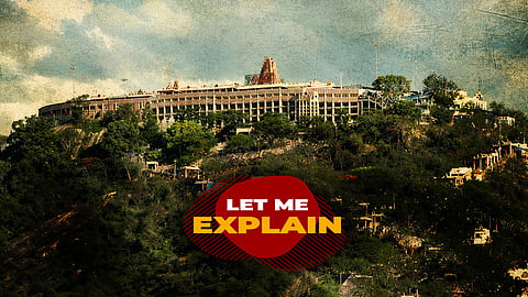 A wide view of the Palani temple complex atop a lush green hill under dramatic, cloudy skies. The image has a textured, high-contrast editorial style, with a red and black graphic overlay at the bottom center displaying the words "LET ME EXPLAIN" in bold white and yellow text.
