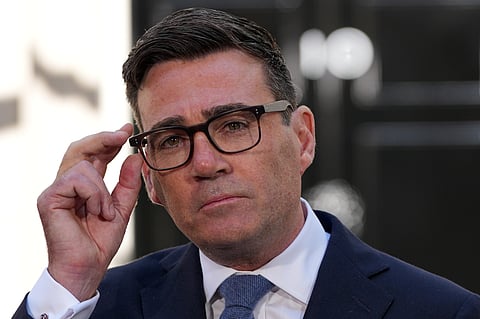 Britain's new Prime Minister Andy Burnham speaks to staff and media at 10 Downing Street in London.