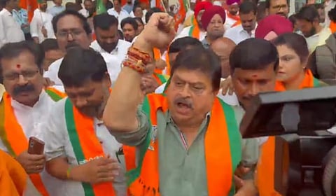 Telangana BJP President Ramchander Rao along with other BJP cadre.