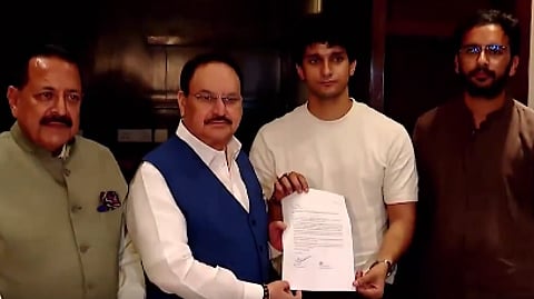 Ministers Jitendra Singh and JP Nadda with CJP spokespersons Saurav Das and Ashutosh Ranka.