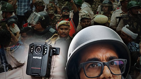 Collage showing state surveillance using body cams, Meta AI glasses