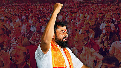 A political graphic featuring T. Raja Singh, a bearded man in a white shirt with an orange and yellow saffron stole around his neck and a red tilak on his forehead. He has his right fist raised high in the air while addressing a crowd. In the background, a large crowd of supporters wearing saffron caps is overlaid in a textured, warm red tone.