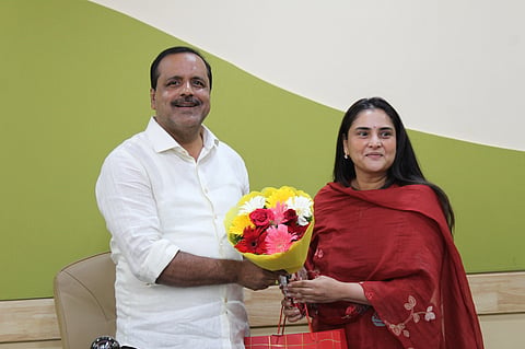 Karnataka Health Minister UT Khader with actor Ramya during the announcement of the proposed women's health policy.