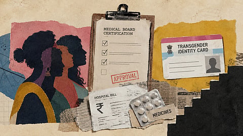 Illustration showing transgender people alongside a medical board certificate, hospital bill, medicines and transgender identity card, highlighting the costs of legal recognition and healthcare.