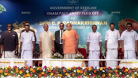 Vice President C P Radhakrishnan with Kerala Governor Rajendra Vishwanath Arlekar, CM VD Satheesan and other dignitaries at the Kerala government’s Onam pageantry event.