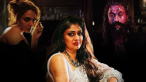 The image is a collage showing stills of Kiara Advani and Yash from the movie on either side, with director Geetu Mohandas in the centre.