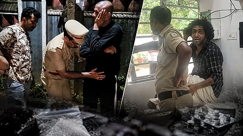 A collage showing police arresting a man in Kozhikode and another person turning violent at Maradu police station after his arrest with MDMA in his possession.
