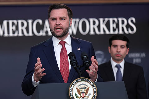 Vice President JD Vance speaks during a news conference on the Fraud Task Force inside the Eisenhower Executive Office Building on the White House campus, Thursday, Oct. 8, 2026, in Washington. (AP Photo/Tom Brenner)