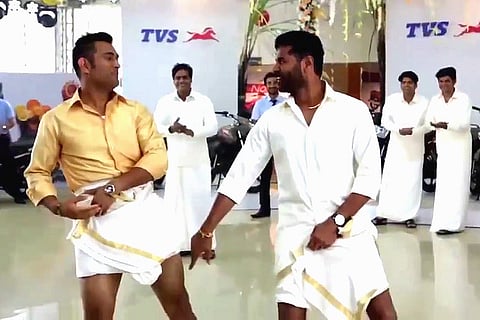 Watch: Behind the scenes of Prabhudeva teaching Dhoni how to 'koothu' in a veshti