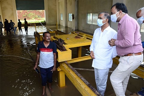 Telangana Minister T Harish Rao and HMWSSB Managing Director Dana Kishore at the Mallaram pump house
