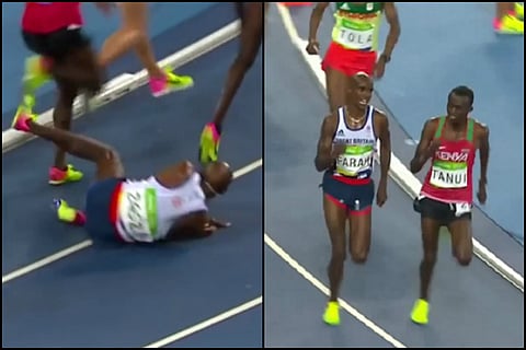 Watch: Britain's Mo Farah falls on track during 10,000m, gets back up and takes the gold