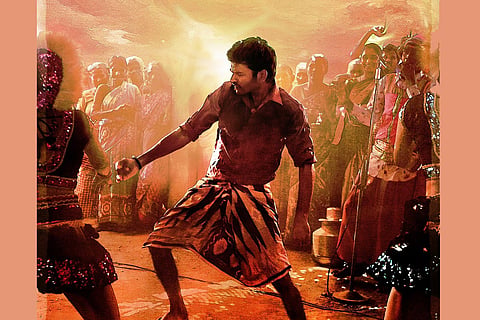 Dhanush is seen dancing alongside other villagers in the graphic art poster of the song 'Pandarathi Puranam' from 'Karnan'.
