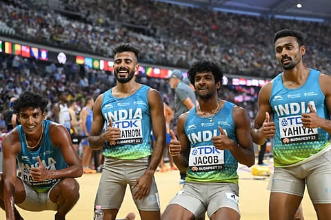 India's Muhammed Anas, Amoj Jacob, Muhammed Ajmal Variyathodi, and Rajesh Ramesh at the World Athletics Championship