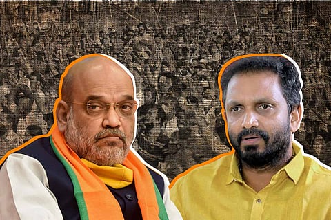 Home Minister Amit Shah on the left and BJP Kerala president K Surendran on the right with black and white crowd in the background