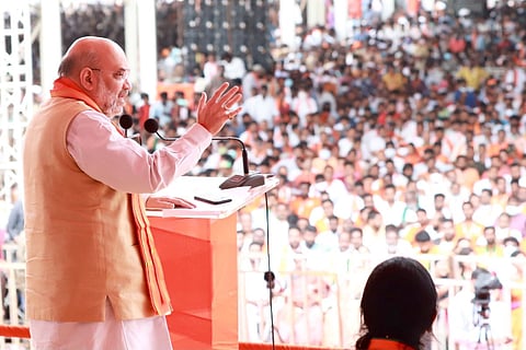 Amit Shah addressing a public meeting in Nirmal district in Telangana