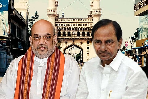 A collage of Union Home Minister Amit Shah and Telangana CM KCR with the iconic Charminar in the background