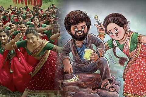 Amul ad featuring Allu Arjun and Rashmika Mandanna on the right and a screengrab from Pushpa featuring Rashmika, on the left.