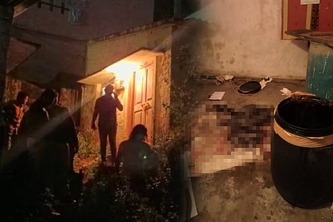 A collage of the house in which the body of the woman was found in a drum
