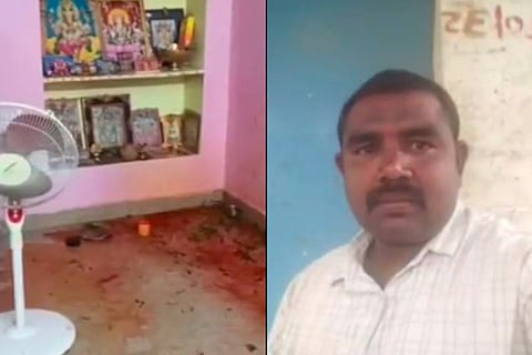 Collage of two pictures where on left is kumkum on the floor where ritual was held and pictured on the right is the child's father