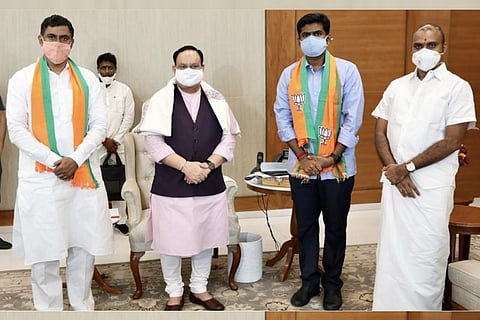 K Annamalai with BJP leaders JP Nadda P Muralidhar Rao and L Murugan