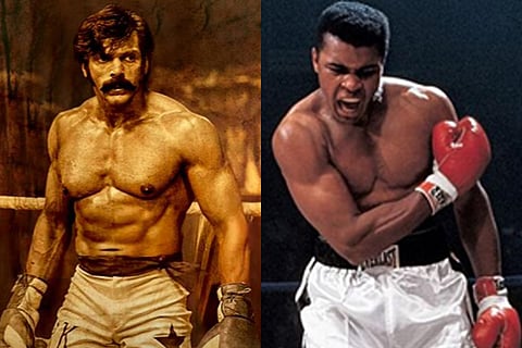 Actor Arya's image from Sarpatta Parambarai on the left and an image of boxer Muhammad Ali on the right.