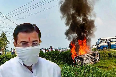 A picture of Ashish Mishra against a backdrop of the Lakhimpur Kheri violence site