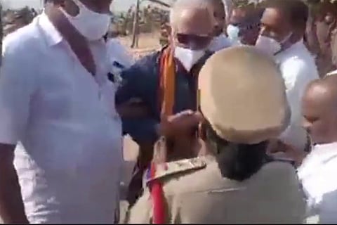TDP leader Ashok Gajapathi Raju arguing with police, as Andhra’s Ramatheertham temple foundation stone laid amid political row