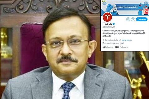 Picture of BBMP Commissioner Gaurav Gupta with a screengrab of the hacked BBMP Twitter handle