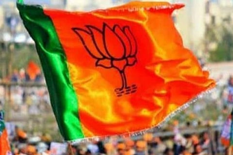 A BJP flag amid a crowd during a political rally in India