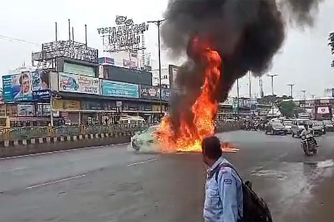 The BMW car which caught fire at Chromepet, Chennai