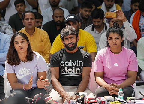 Vinesh Phogat, Bajrang Punia and Sakshi Malik at Jantar Mantar during protest against WFI chief