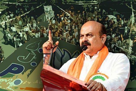 Karnataka CM Basavaraj Bommai and a BJP protest in the backdrop