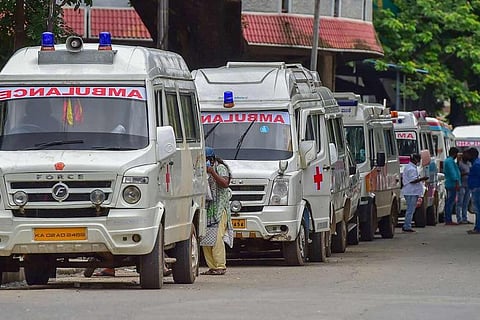 Queue of ambulances lined up Bengaluru hospital