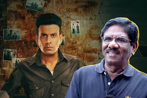 Screengrab from Family Man in the background alongside an image of director Bharathiraja