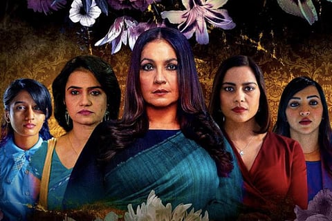 A poster of the Netflix web series Bombay Begums featuring Pooja Bhatt, Shahana Goswami, Amruta Subhash, Plabita Borthakur and Aadhya Anand.