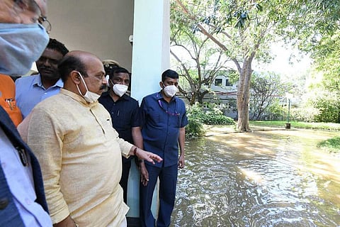 Basavaraj Bommai inspecting a flooded area in Bengaluru after heavy rains