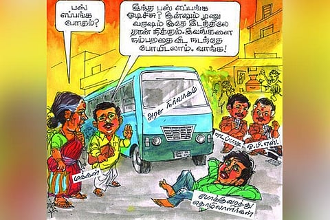 ‘When did this bus ever run’: Cartoonists take a dig at TN govt for strike